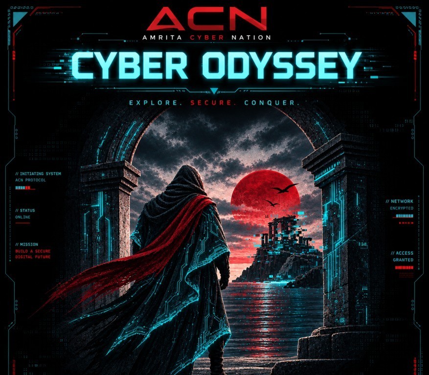 ACN Cyber Odyssey event poster: a cloaked investigator before an archway overlooking a red moon.
